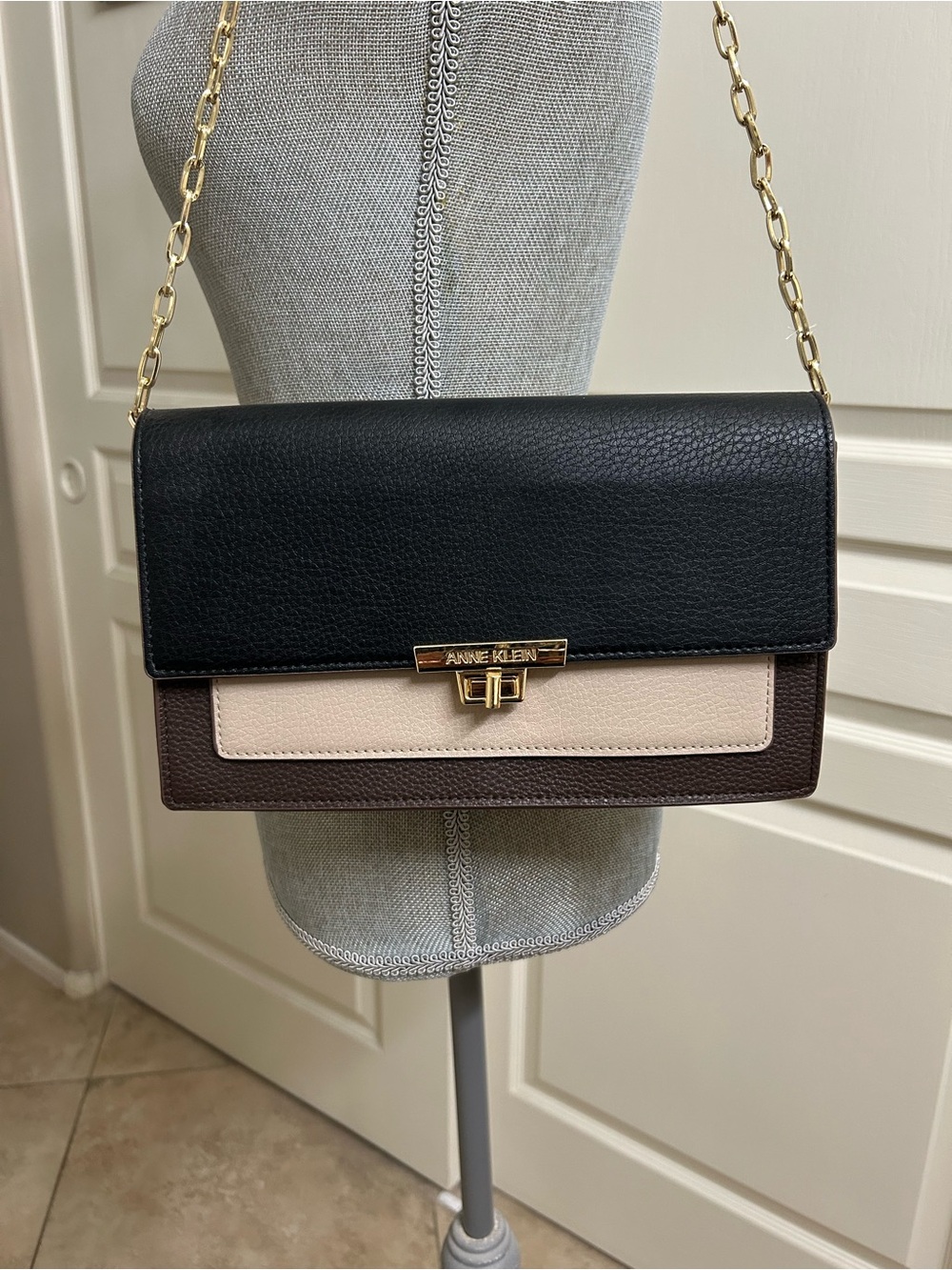 Anne Klein Black, Cream & Brown Chain Crossbody Shoulder Bag